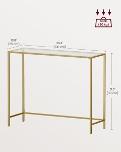 VASAGLE Masa de intrare, blat din sticla securizata, cadru metalic, 35x100x80cm, auriu - Img 3