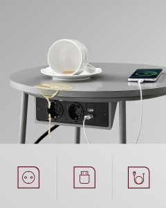 VASAGLE Masuta de cafea rotunda cu cos de stofa, statie de incarcare 2 prize si 2 USB, 45x50cm, gri argintiu - Img 4