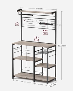 VASAGLE Raft de bucatarie cu spatiu pentru cuptorul cu microunde, banda magnetica cutite, suport role de bucatarie, 42x90x167cm, gri - Img 2