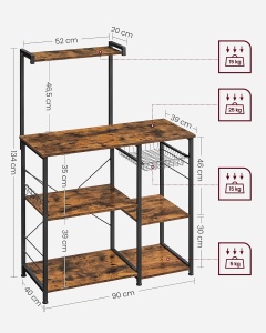 VASAGLE Raft de bucatarie, suport pentru cuptorul cu microunde, cos de sarma, 6 carlige S, 39x90x132cm, maro rustic - Img 2