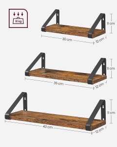 VASAGLE Raft de perete, set 3 bucati 30cm, 35cm si 40cm, 2 moduri de montare, maro rustic si negru - Img 3