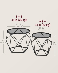 VASAGLE Set de 2 mese de cafea rotunde, cadru otel si blat detasabil din sticla, 40cm si 50cm, negru - Img 3