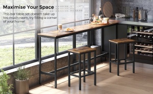 VASAGLE Set masa de bar cu 2 scaune, cadru din otel, blat lemn, design industrial, 100x40x90cm, maro rustic si negru - Img 2
