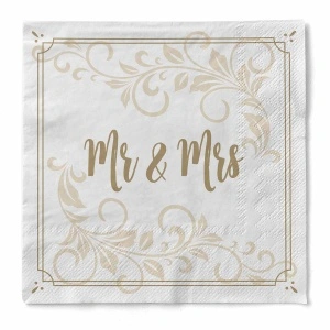 Τραπεζομάντηλα 3 φύλλων για γάμο, Mr &amp; Mrs (στολίδι) / 33 x 33 cm / 100 τμχ