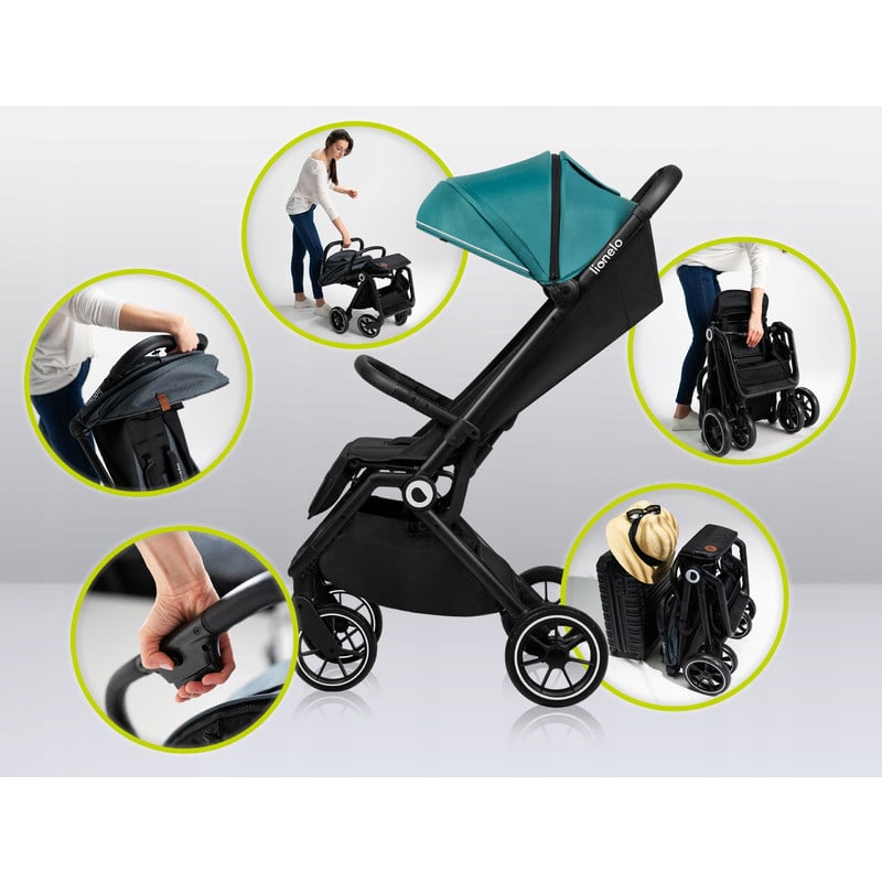 Carucior sport, Lionelo, Cloe, De la nastere, Cu accesorii, Cadru din aluminiu, 0-22 kg, Usor, Pliabil cu o singura mana, Ideal pentru toate tipurile de suprafete, Verde smarald