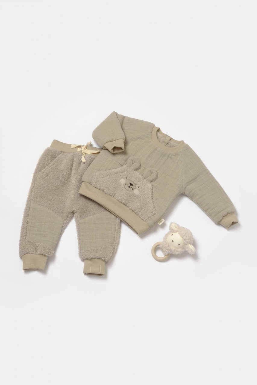 Set bluza cu buzunar si pantaloni Ursulet, Winter muselin, 100% bumbac dublat - Verde, BabyCosy