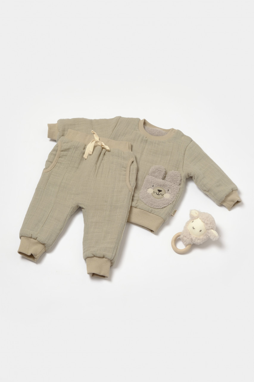 Set bluza dublata si pantaloni Ursulet, Winter muselin, 100% bumbac - Verde, BabyCosy