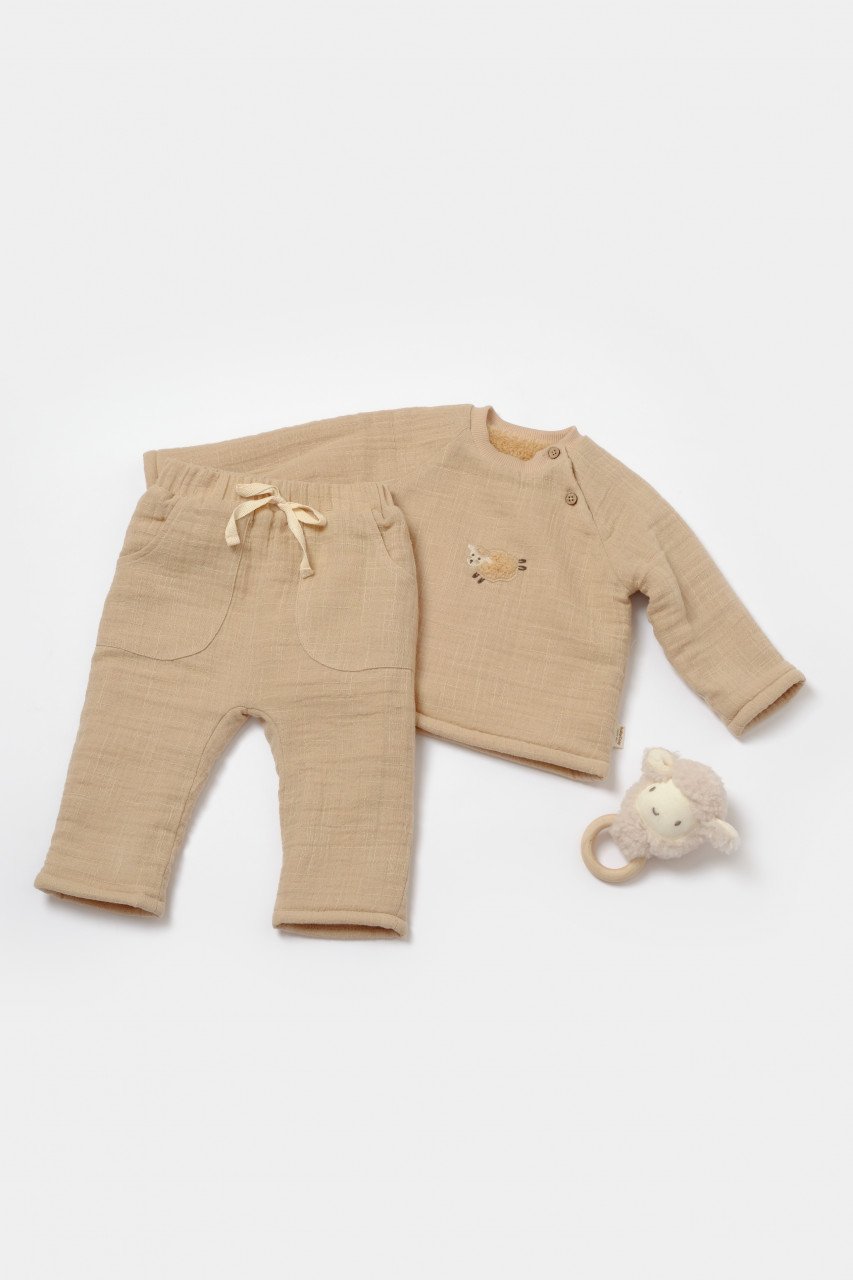 Set bluza dublata si pantaloni, Winter muselin, 100% bumbac - Apricot, BabyCosy