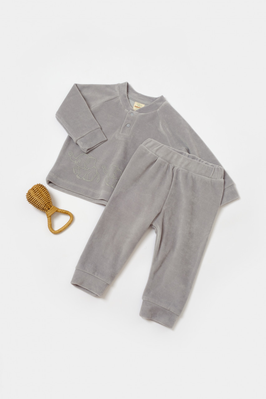 Set bluzita si pantaloni Elefant, 80%bumbac organic si 20% poliester - Gri, BabyCosy