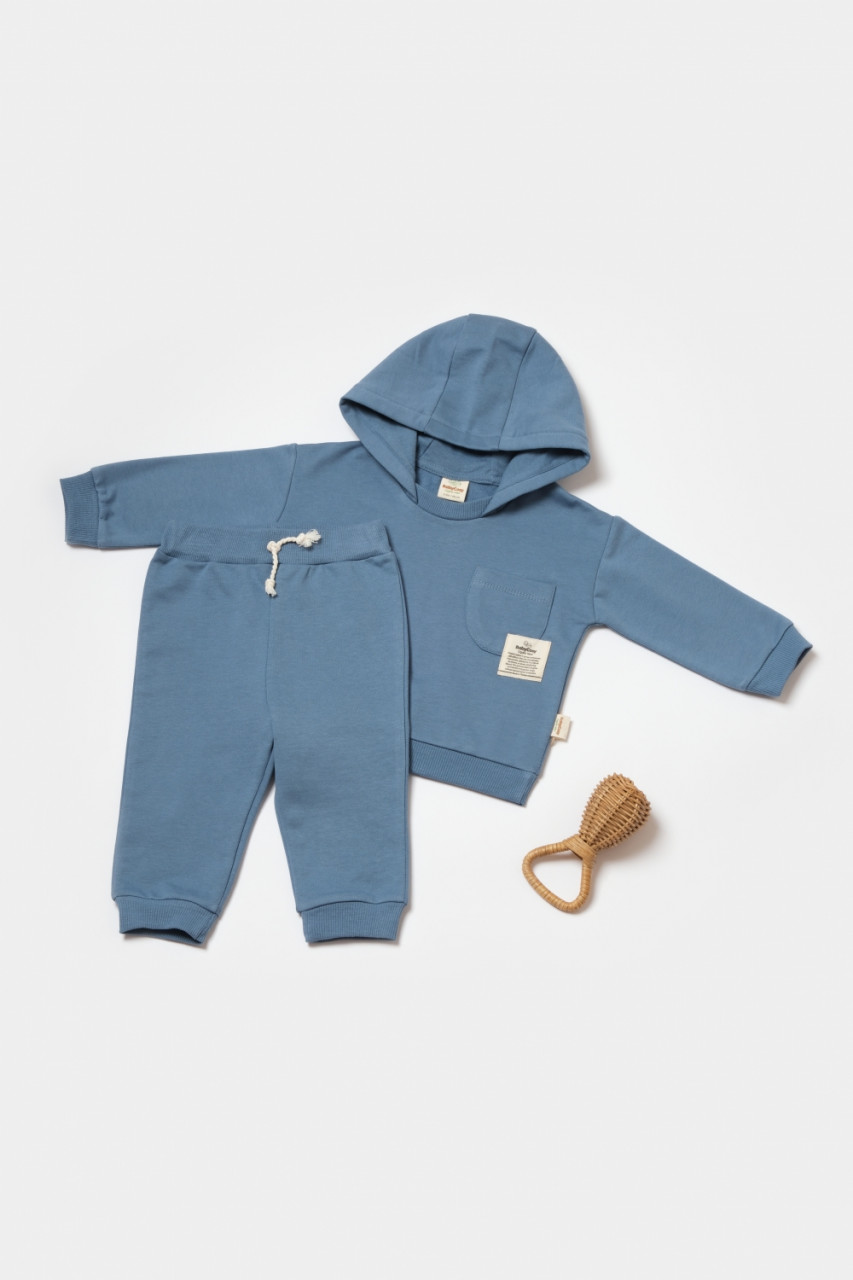 Set hanorac cu gluga si pantaloni, Two thread, 100%bumbac organic - Indigo, BabyCosy