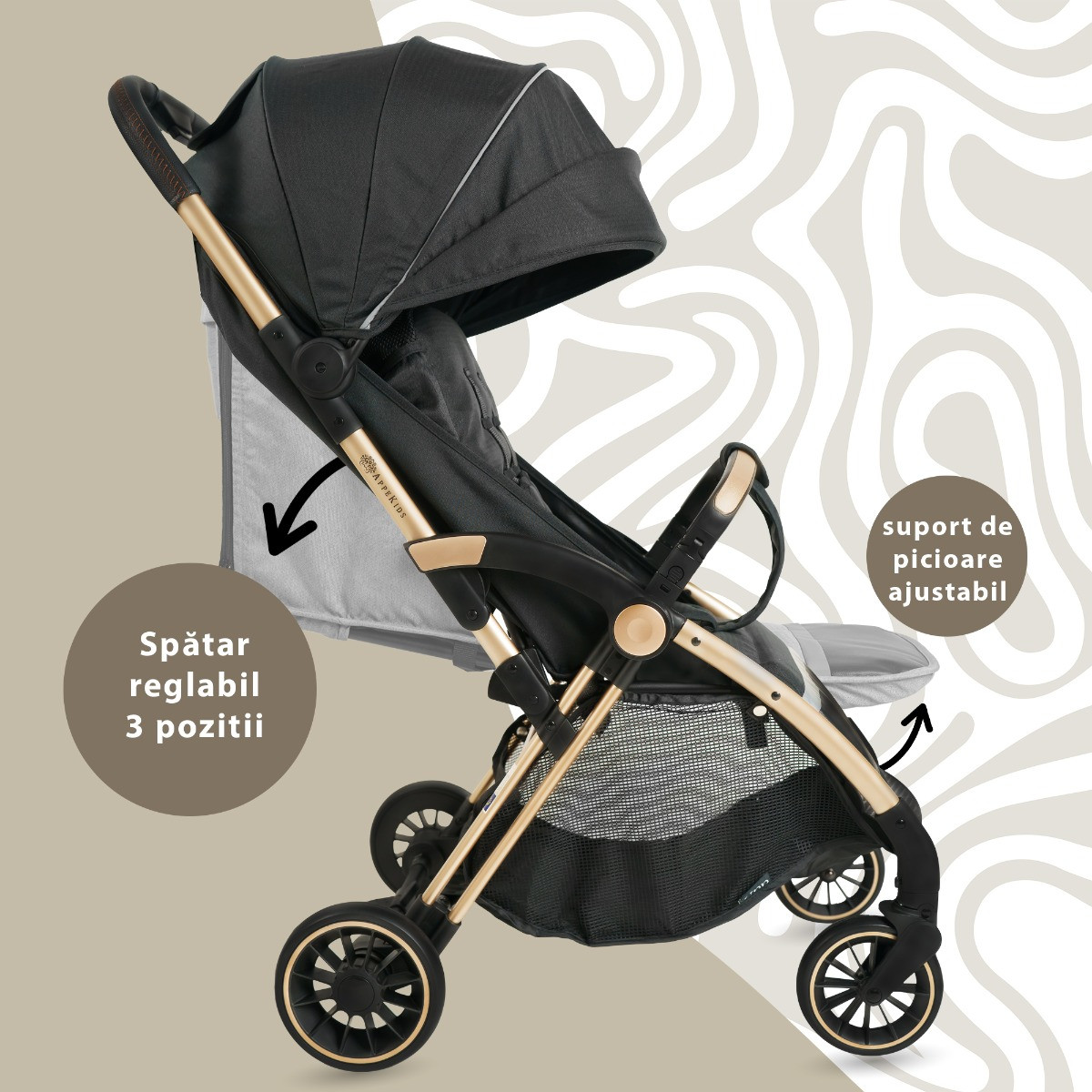 Carucior Sport AppeKids – Upp – Ultracompact, Pliere automata, De la nastere la 22kg - Jet Black