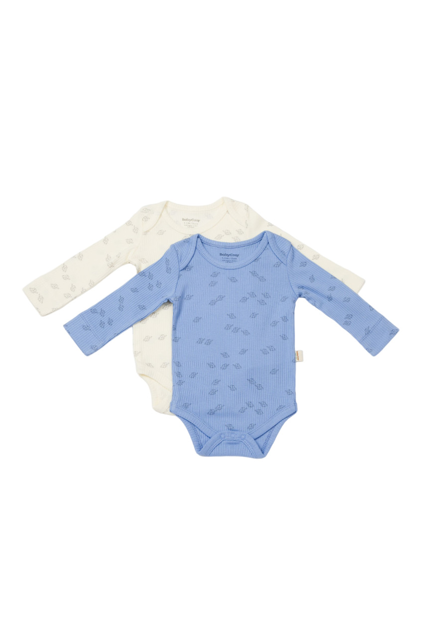 Set 2 body-uri cu maneca lunga Printed, BabyCosy, 50% modal+50% bumbac, Ecru/Lavanda