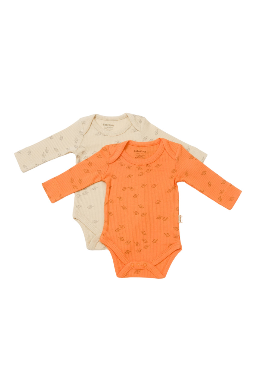 Set 2 body-uri cu maneca lunga Printed, BabyCosy, 50% modal+50% bumbac, Stone/Apricot