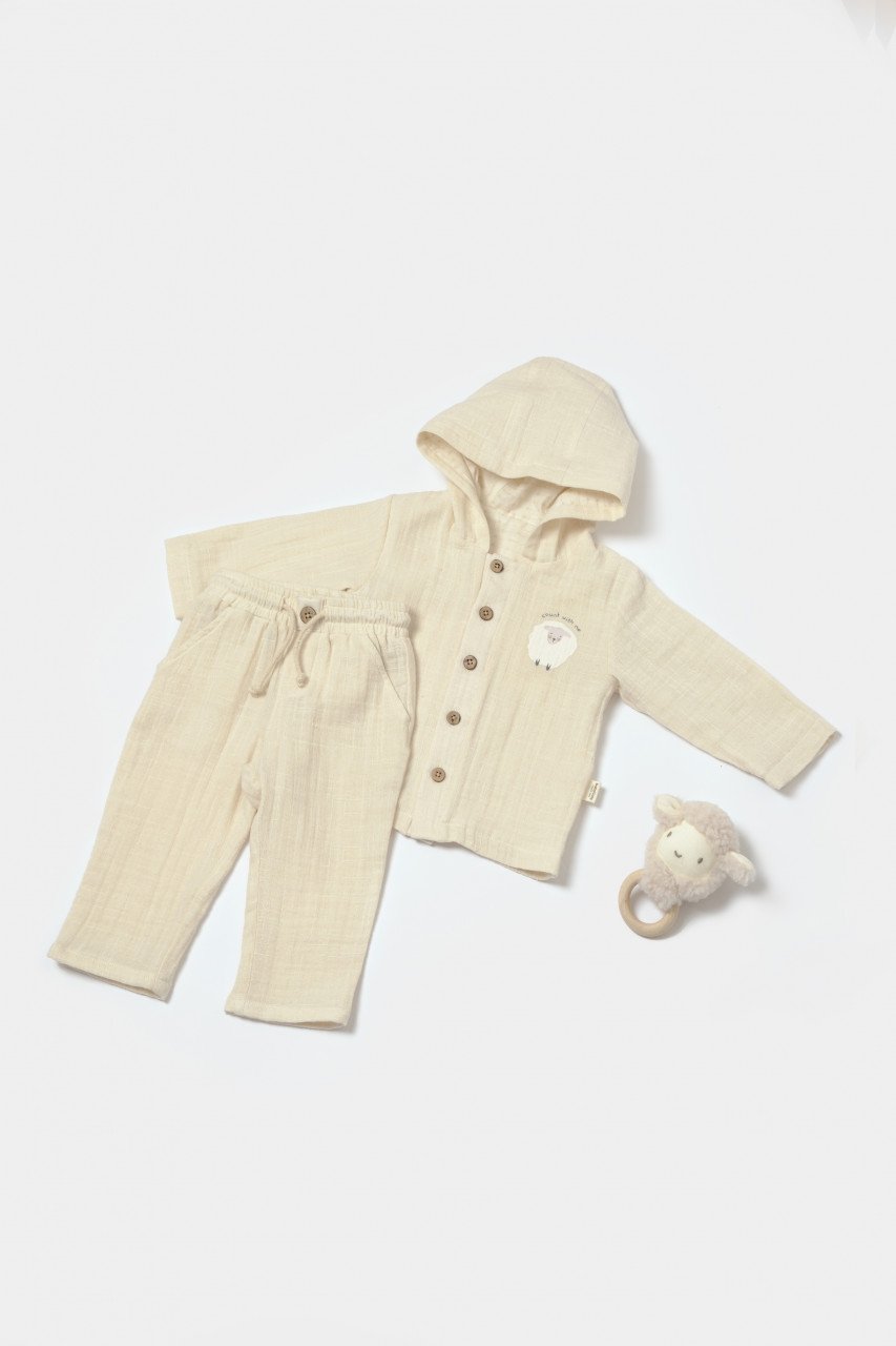 Set bluza cu gluga si pantaloni, Winter muselin, 100% bumbac - Stone, BabyCosy