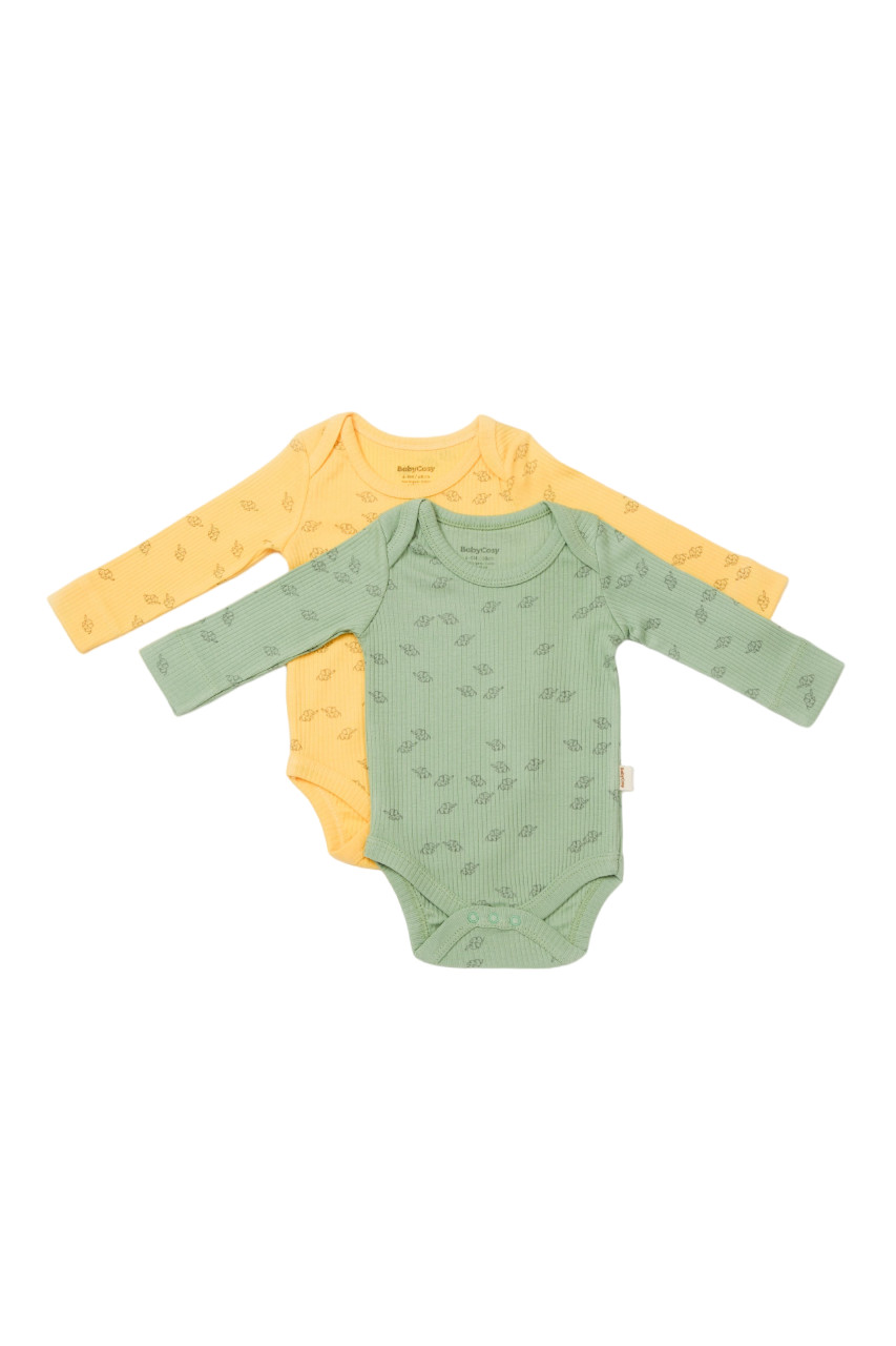 Set 2 body-uri cu maneca lunga Printed, BabyCosy, 50% modal+50% bumbac, Lamaie/Verde