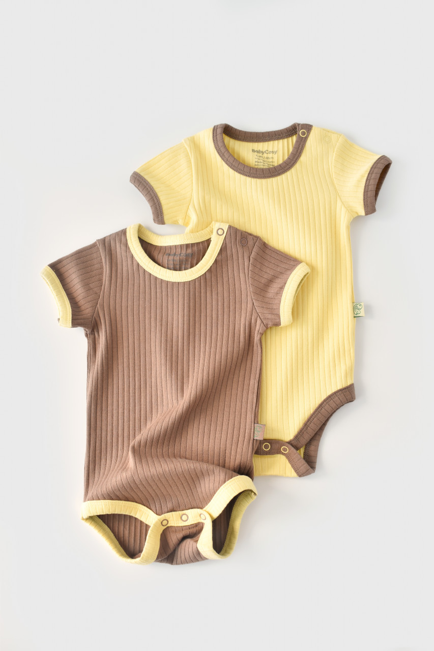 Set 2 body-uri Ribana Bebe Unisex din bumbac organic si 5%elastan - Vanilie/Maro BabyCosy