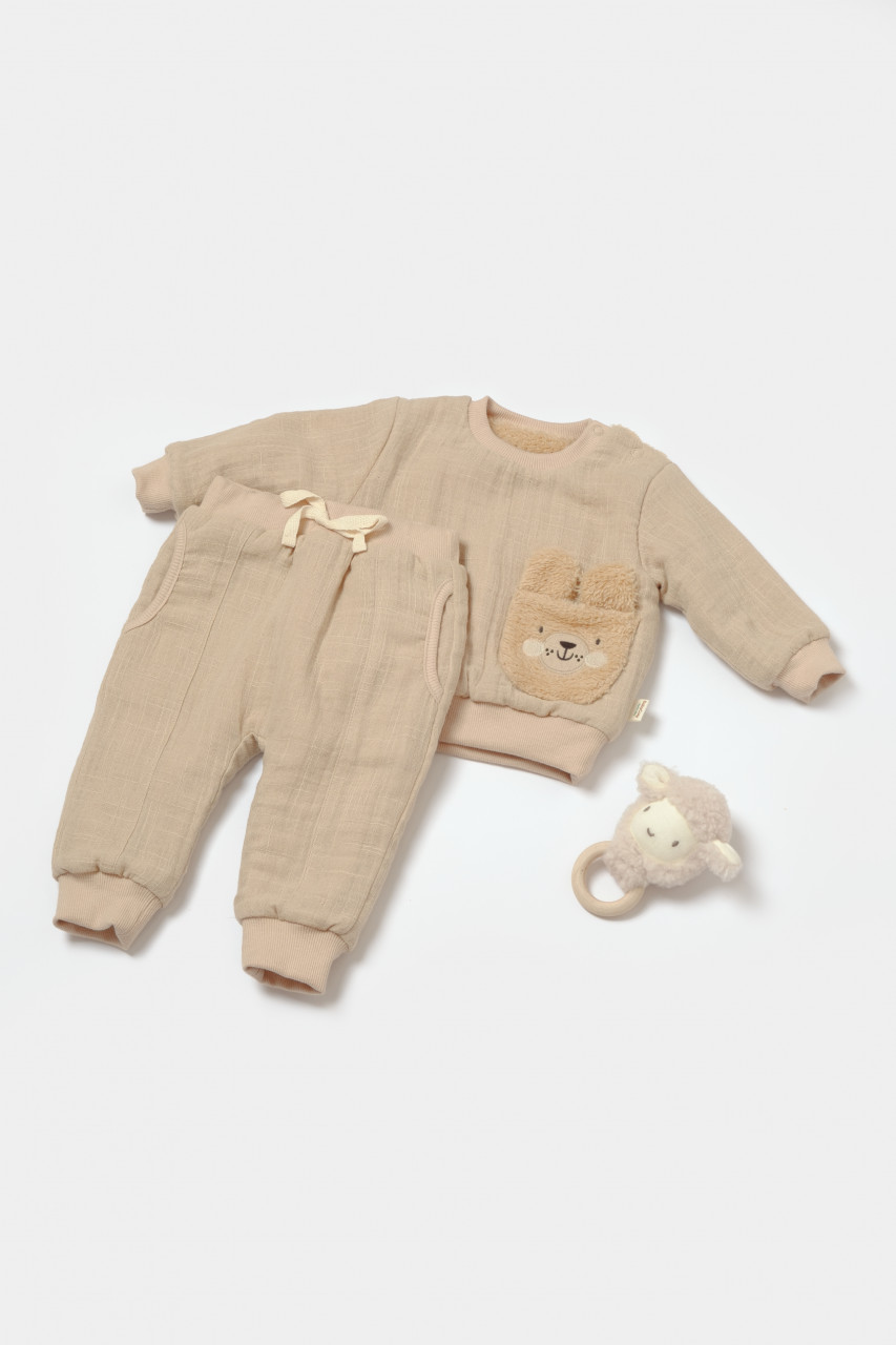 Set bluza dublata si pantaloni Ursulet, Winter muselin, 100% bumbac - Apricot, BabyCosy