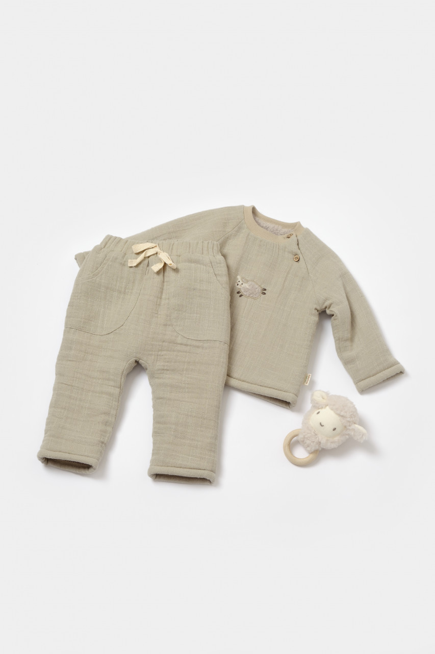 Set bluza dublata si pantaloni, Winter muselin, 100% bumbac - Verde, BabyCosy