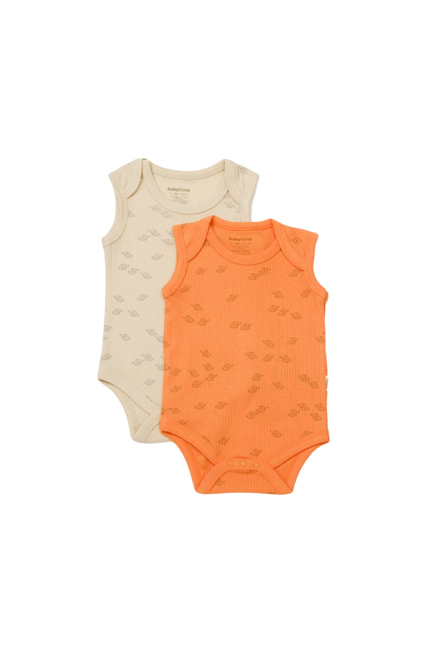 Set 2 body-uri fara maneci Printed, BabyCosy, 50% modal+50% bumbac, Stone/Apricot