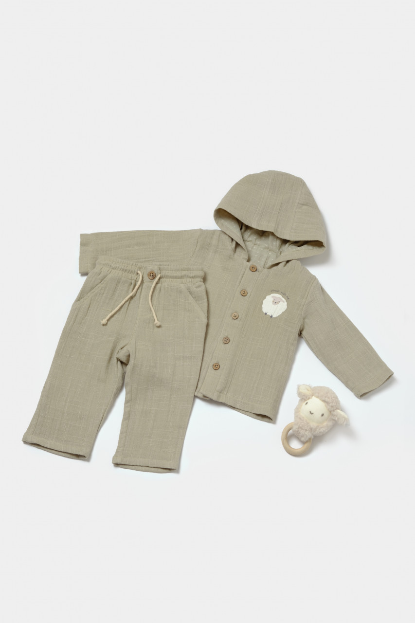 Set bluza cu gluga si pantaloni, Winter muselin, 100% bumbac - Verde, BabyCosy