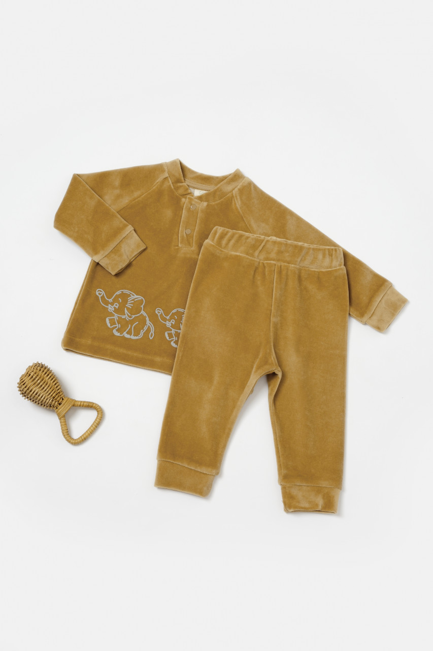 Set bluzita si pantaloni Elefant, 80%bumbac organic si 20% poliester - Mustar, BabyCosy