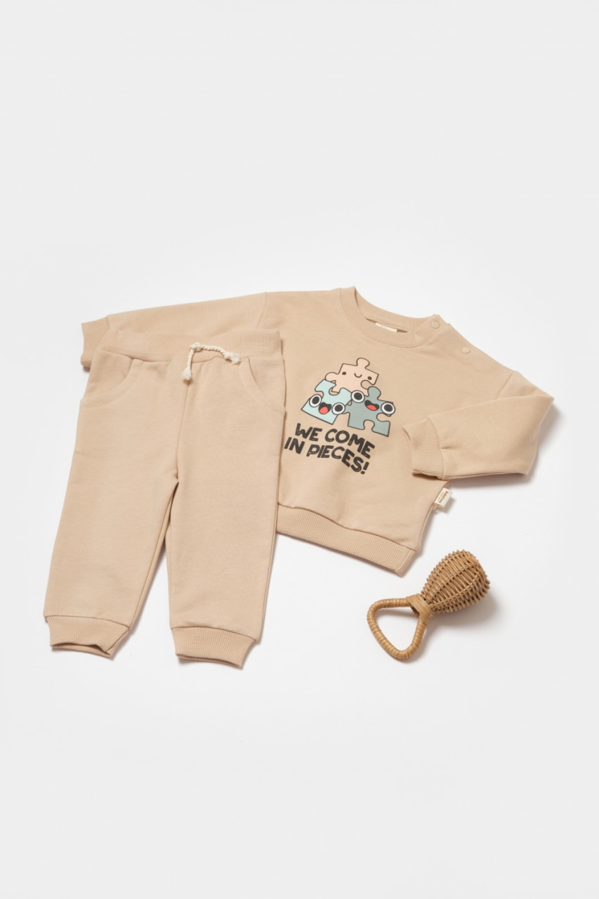 Set hanorac si pantaloni, Two thread, 100%bumbac organic - Stone, BabyCosy