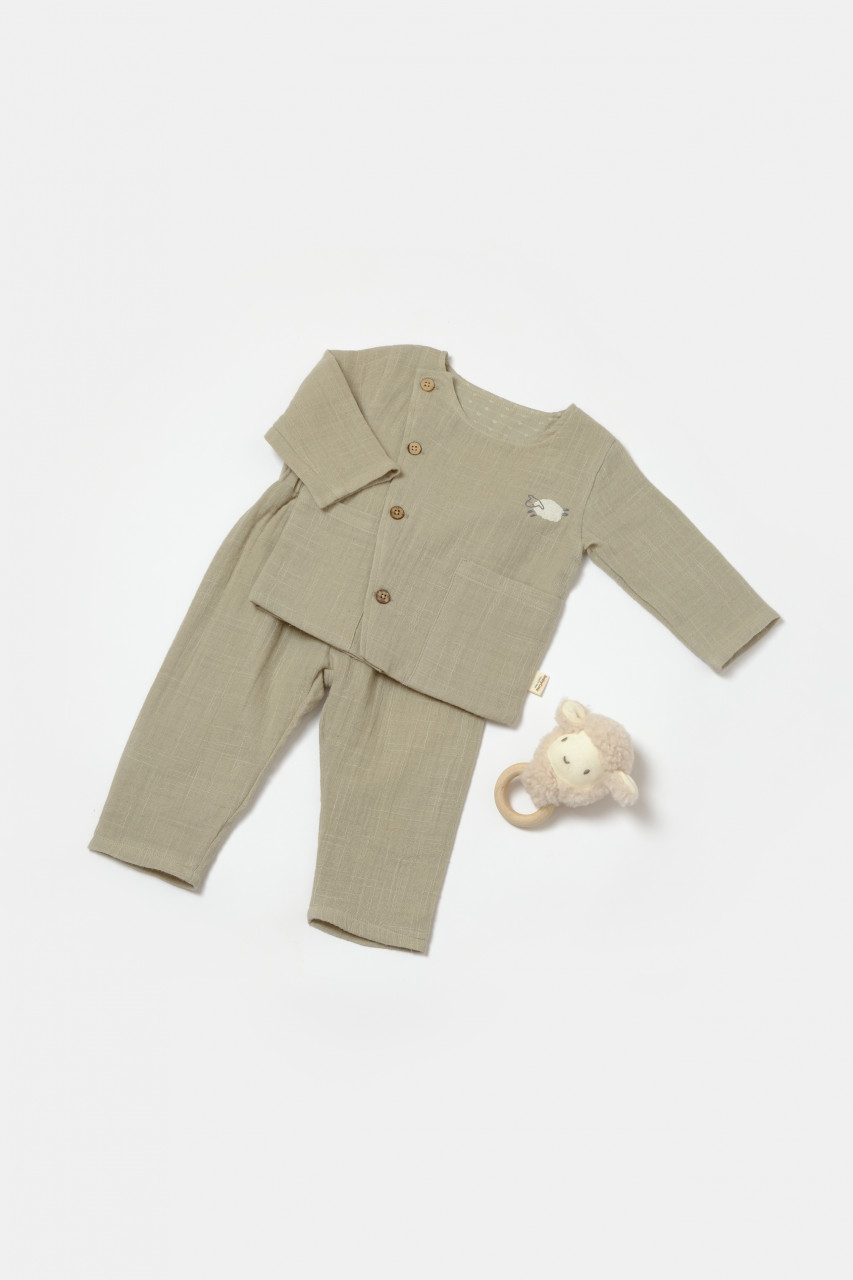 Set bluza cu nasturi si pantaloni , Winter muselin, 100% bumbac - Verde, BabyCosy