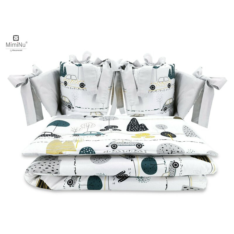 Lenjerie patut cu 4 piese, MimiNu, Pentru patut 120x60 cm, Cu doua protectii laterale, Din bumbac certificat Oeko Tex Standard 100, Childrens Journey Grey