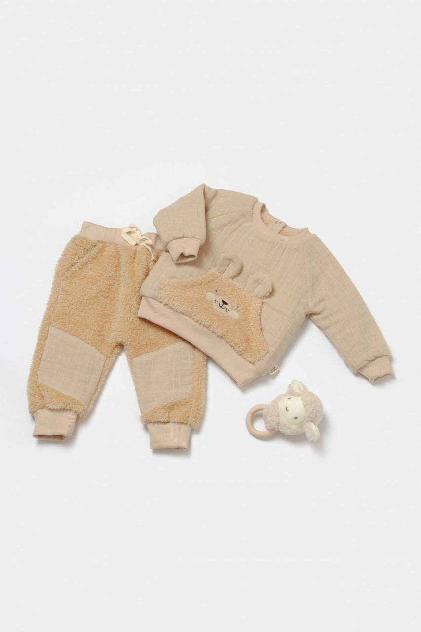 Set bluza cu buzunar si pantaloni Ursulet, Winter muselin, 100% bumbac dublat - Apricot, BabyCosy