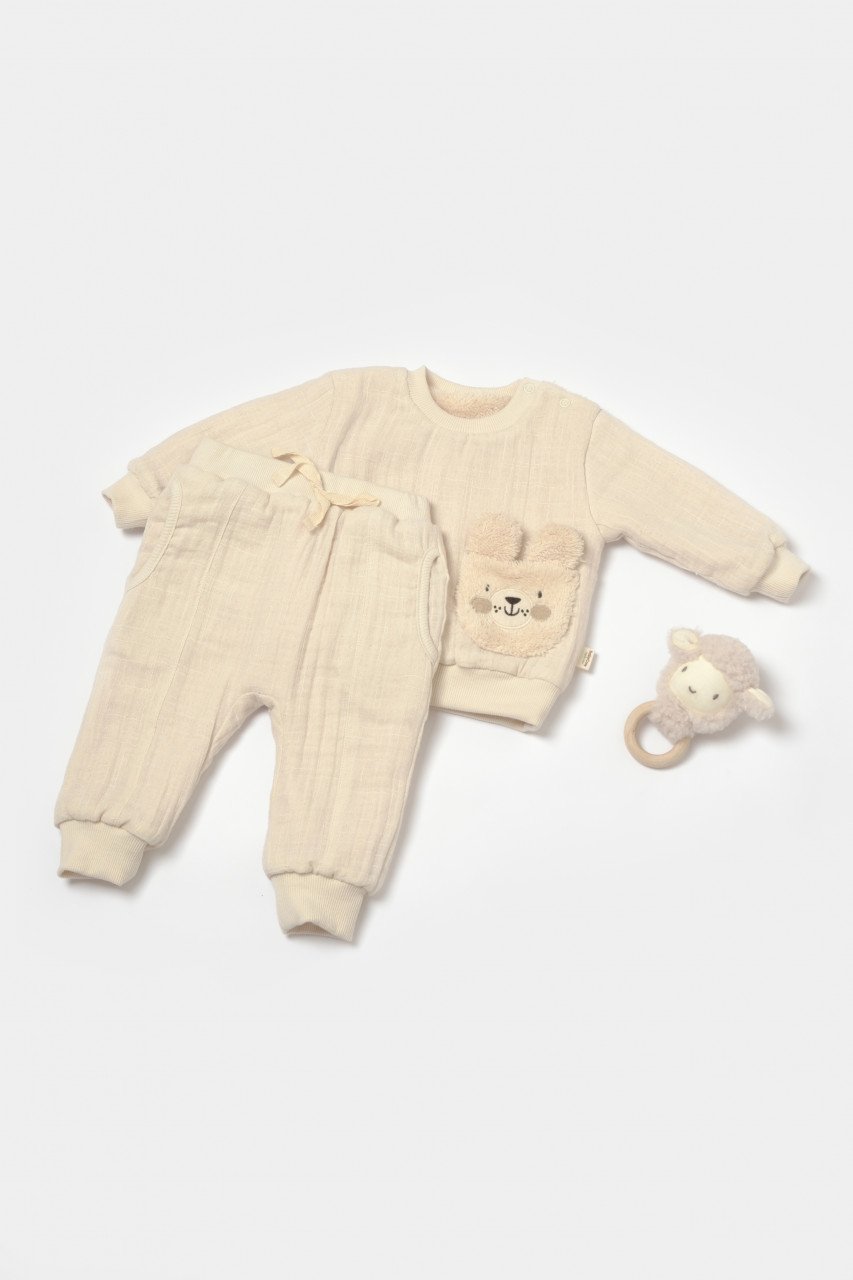 Set bluza dublata si pantaloni Ursulet, Winter muselin, 100% bumbac - Stone, BabyCosy