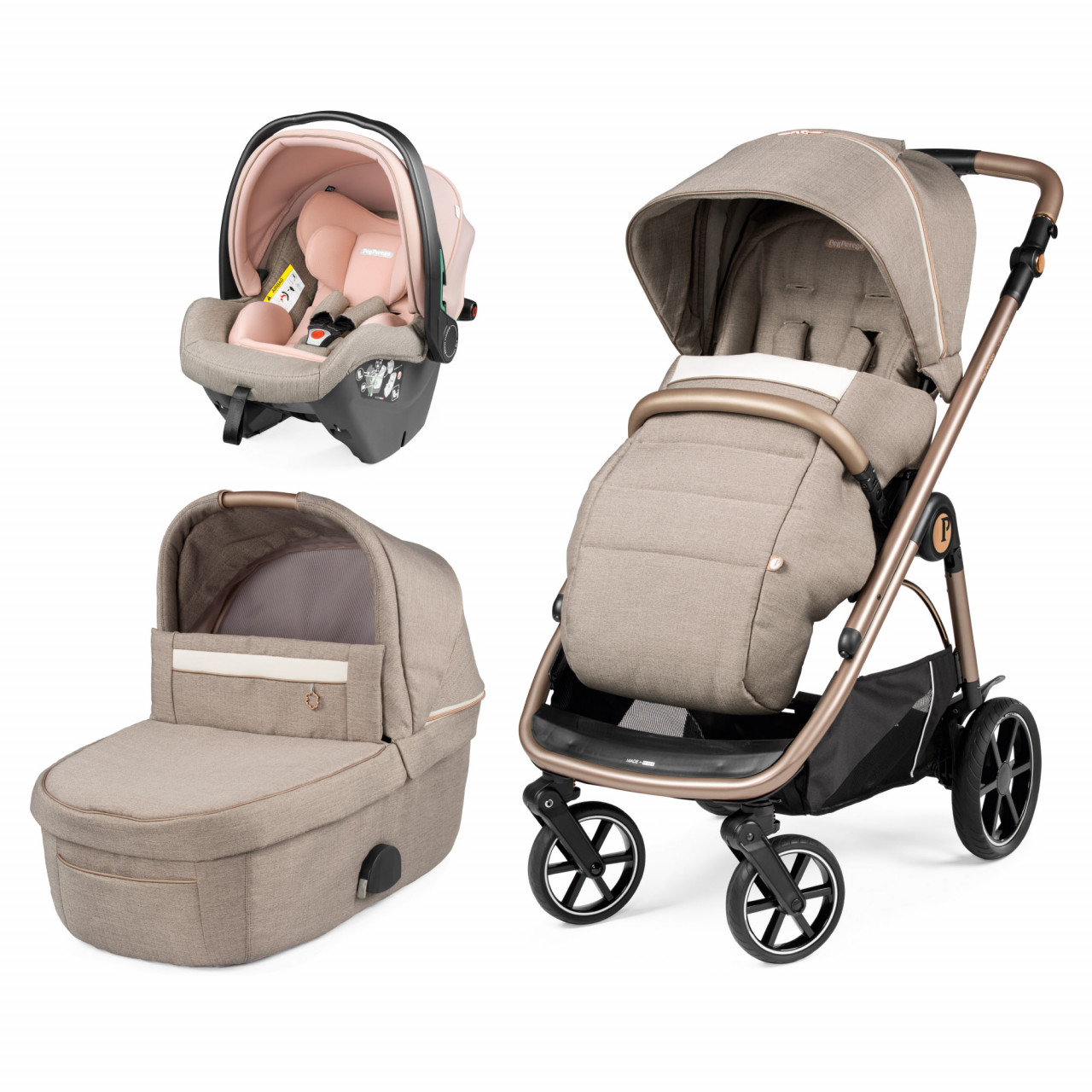 Carucior 3 in 1 Peg Perego Veloce, SLK, 0 - 22 kg, Mon Amour, Bej / Roz