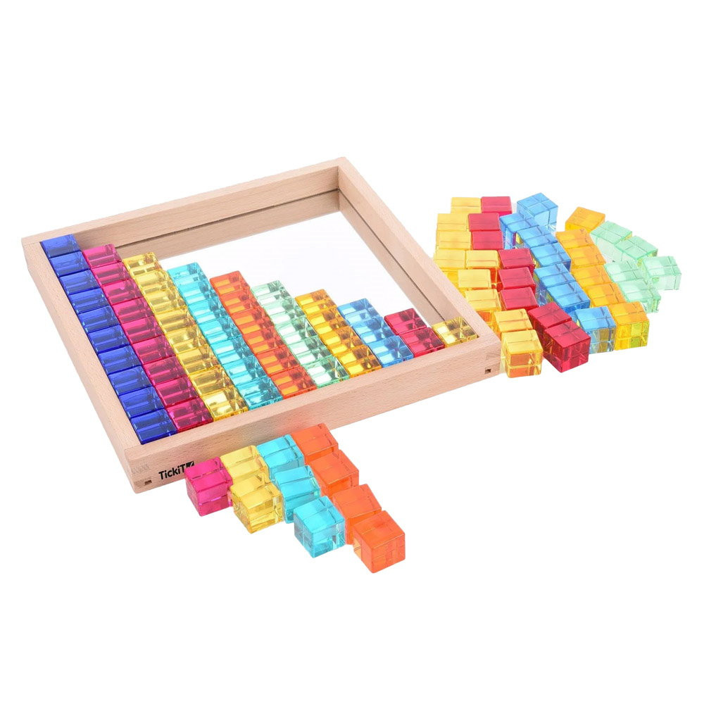 Gem Cube, set 100 cuburi acrilice cu tava din lemn, TickiT