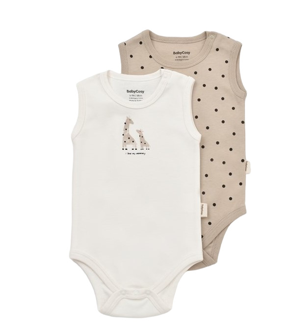 Set 2 body-uri fara maneci bebe unisex Girafa, BabyCosy, 100% bumbac organic