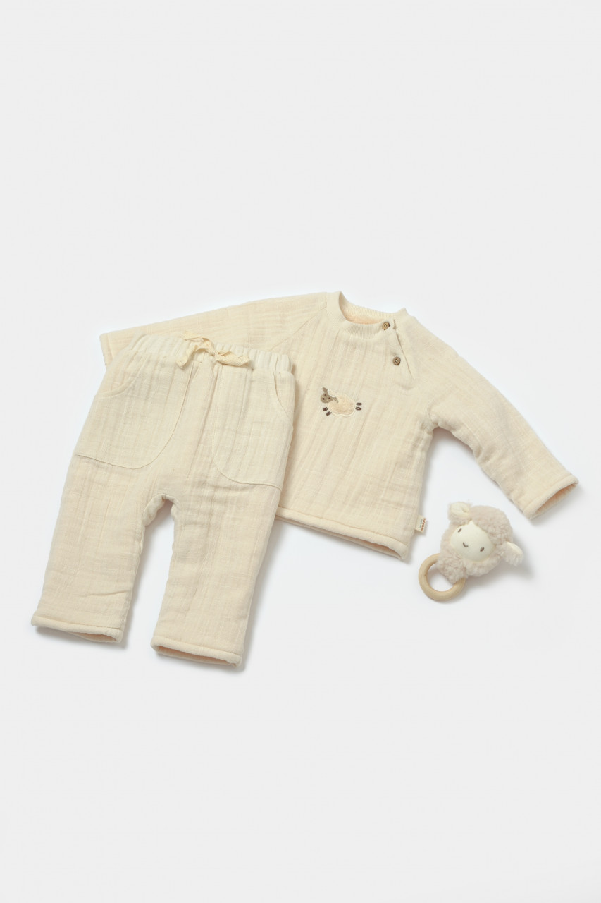 Set bluza dublata si pantaloni, Winter muselin, 100% bumbac - Stone, BabyCosy