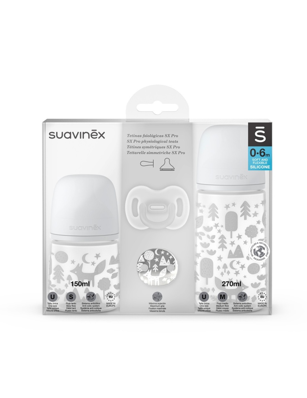 Set Cadou biberon 150 ml + biberon 270 ml + suzetă + lănțișor suzetă Fox, Suavinex