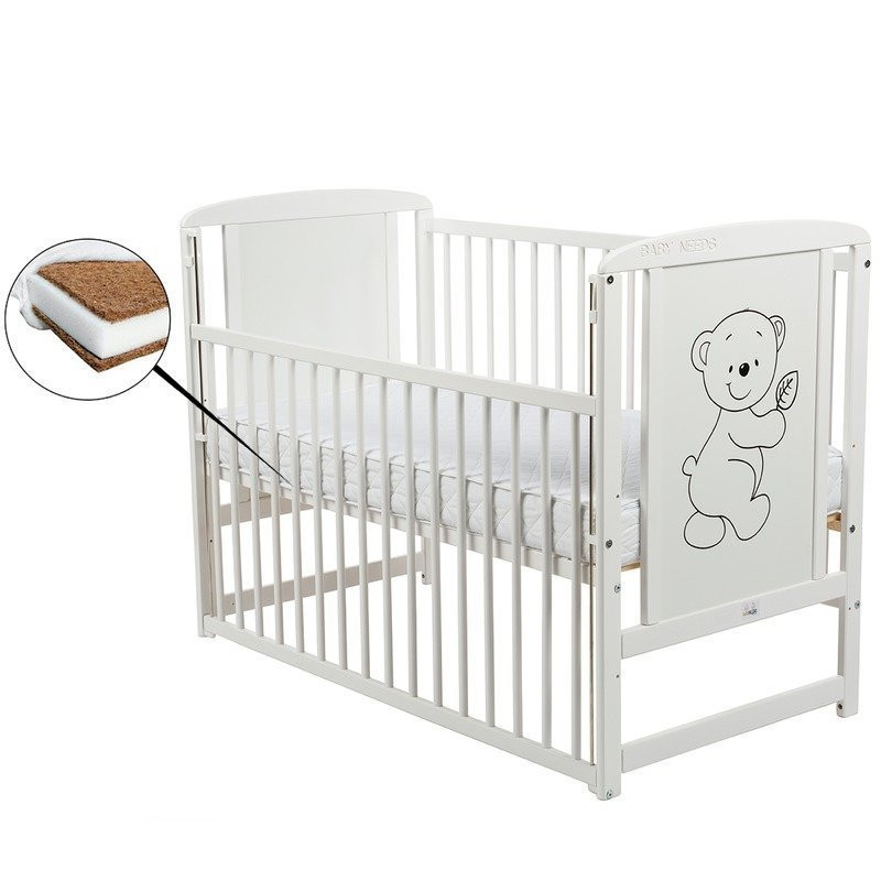 BabyNeeds - Patut din lemn Timmi 120x60 cm, Cu laterala culisanta, Din lemn de pin si mdf, Stabil si rezistent, Inaltime saltea reglabila pe 3 nivele, Laterala cu 3 bete detasabile, Alb + Saltea 8 cm