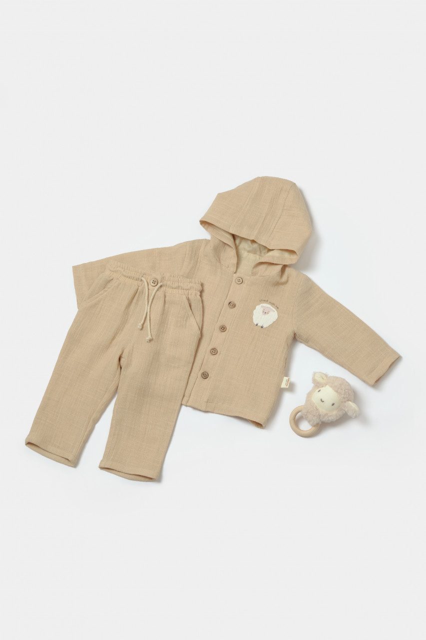 Set bluza cu gluga si pantaloni, Winter muselin, 100% bumbac - Apricot, BabyCosy