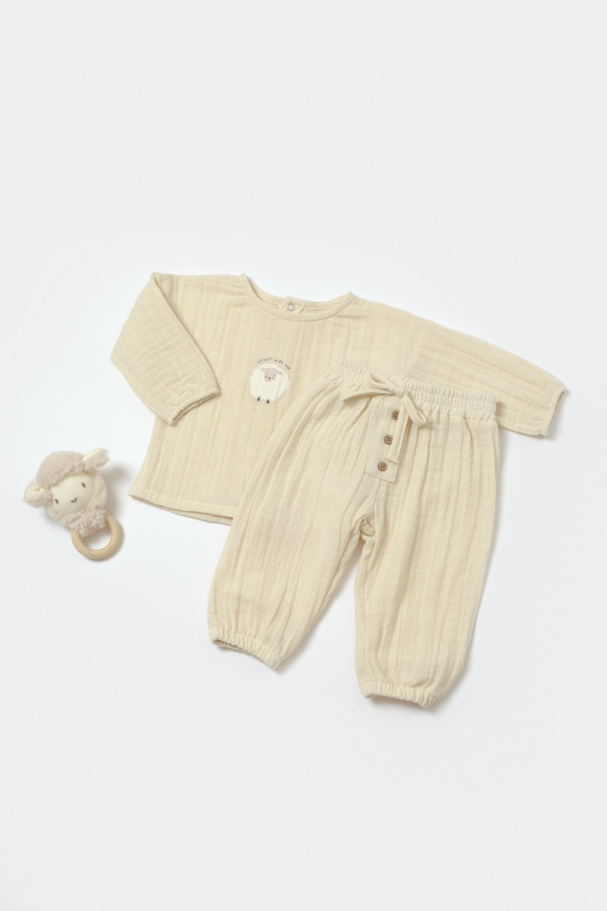 Set bluza si pantaloni, Winter muselin, 100% bumbac - Stone, BabyCosy