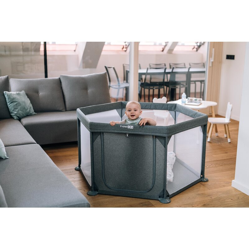 Tarc de joaca, FreeON, Hexagonal, Pentru bebe, Cu 4 manere, Intrare cu fermoar, Cu geanta de transport, 117 x 67 x 67 cm, Conform cu standardul european de securitate EN 12227:2010, Grey