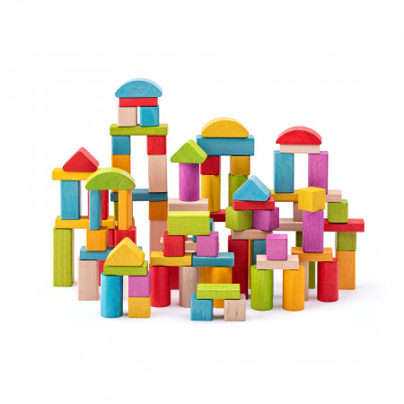Cuburi din lemn colorate si naturale (100 piese)