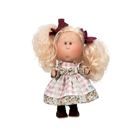 Papusa Nines D'Onil, Mia, cu parul blond si funde rosii, cu articulatii, cu miros de vanilie, 30 cm