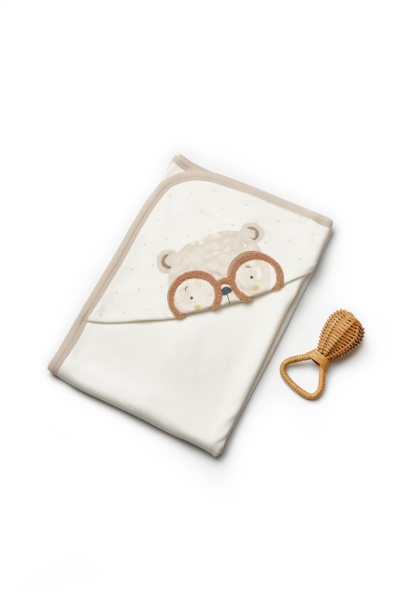 Paturica cu gluga pentru nou nascut, 100% bumbac organic, TeddyBear, BabyCosy