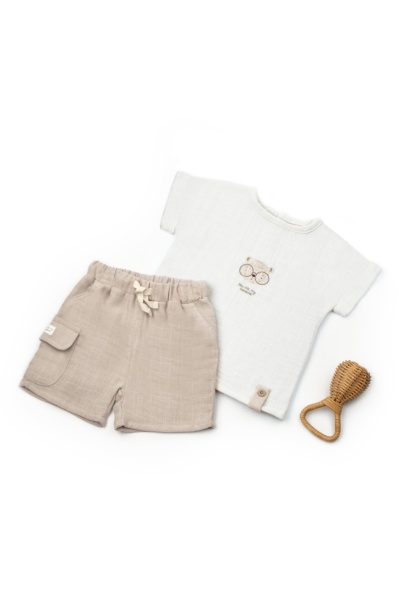 Set tricou ecru cu pantaloni scurti TeddyBear, 100% bumbac organic, BabyCosy