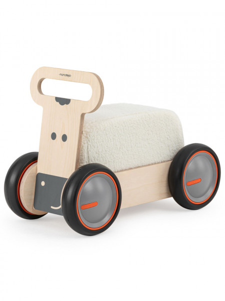 Jucarie din lemn 3 in 1 Vacuta DriveMe Soft: masinuta ride-on, premergator si carucior de jucarii MamaToyz