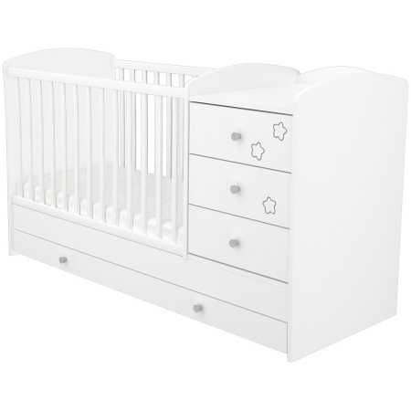 Patut copii transformabil din lemn cu 4 sertare Hubners Matei Kombi 120x60 cm alb cu stelute - Img 1