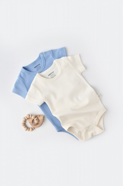Set 2 body-uri bebe unisex -100% bumbac organic - Ecru/Bleu