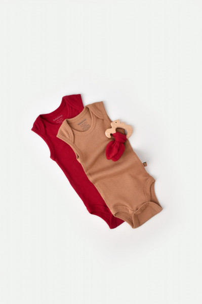 Set 2 body-uri fara maneci bebe unisex din bumbac organic si modal - Maro/Rosu, Baby Cosy