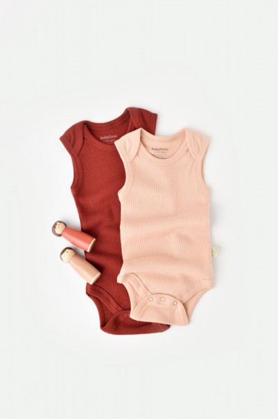 Set 2 body-uri fara maneci bebe unisex din bumbac organic si modal - Caramiziu/Somon, BabyCosy