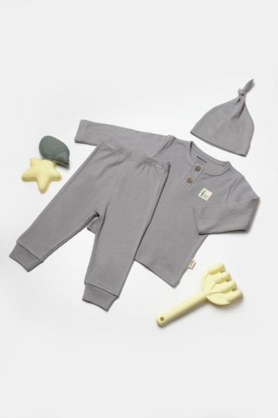 Set 3 piese:bluza, pantaloni si caciulita Bamboo, gri, BabyCosy, 50% bumbac+50%bambus