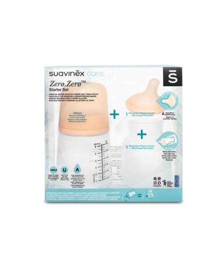 Set biberon anticolici 180 ml + tetină cu debit variabil + săculeț silicon Zero Zero Suavinex